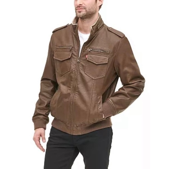 Levi’s Mens Faux Leather Sherpa Lined Aviator Bomber Jacket Size M‎ Brown NWT